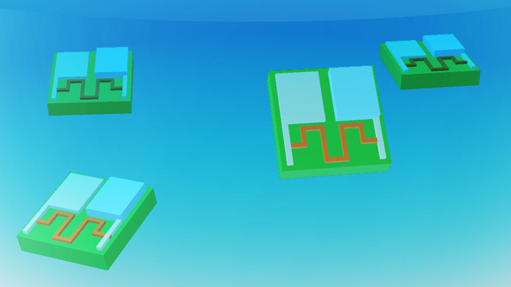 Rendering of 4 square green batteries in blue background