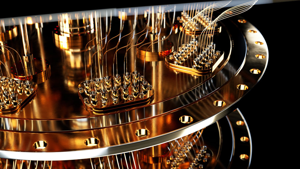 rendering of golden quantum computer