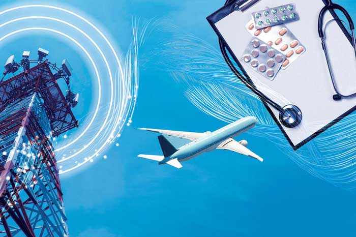 collage of airplane, tower, and medicine