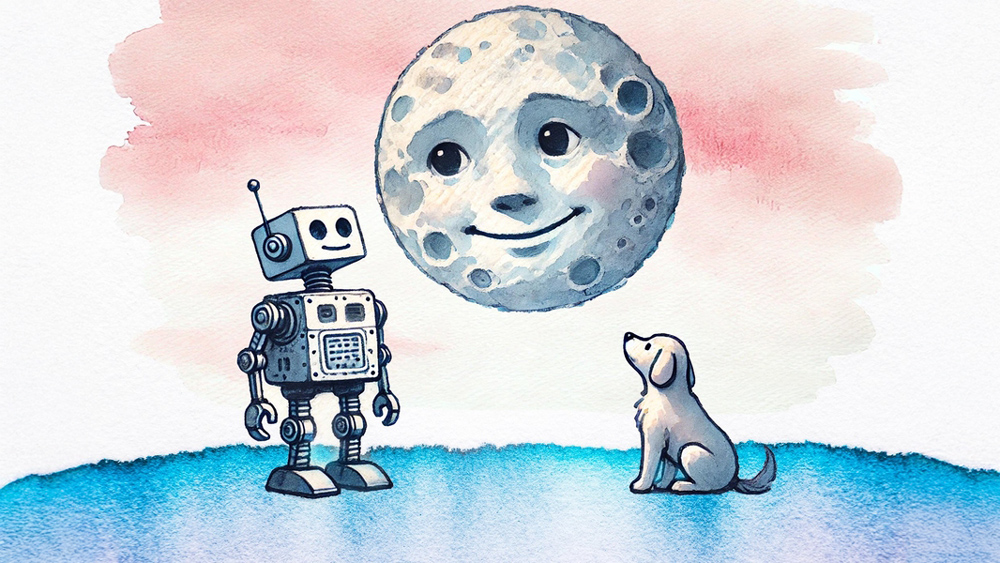 Illustration of a robot and dog looking at a face on the moon