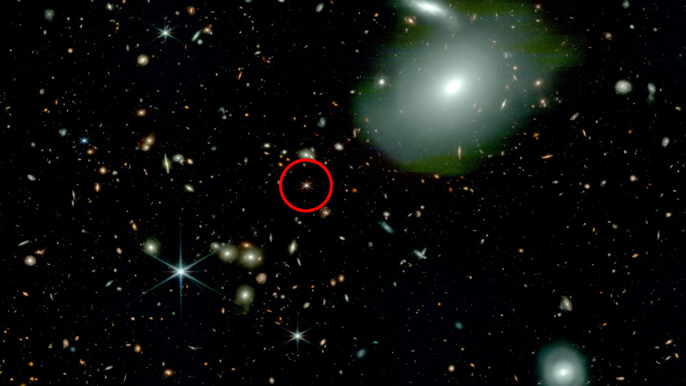 1000s of galaxies appear as tiny bright lights, and one is circled in red.