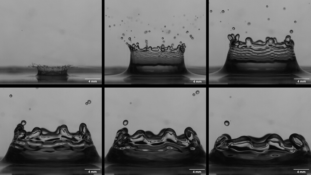 6 photos of a splashing water droplet