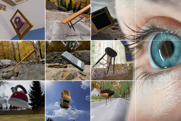 Various computer-generated scenes show objects, like a tea kettle, floating in environment. 