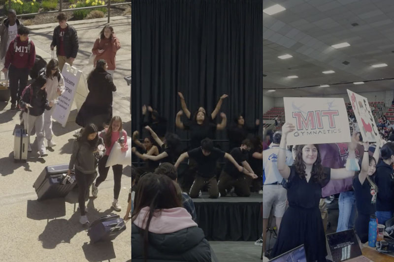 3 photos show students arriving to campus, dancing, and with MIT signs