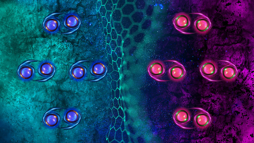 Groups of 2 types of paired electrons, blue and red, are divided by a graphene lattice