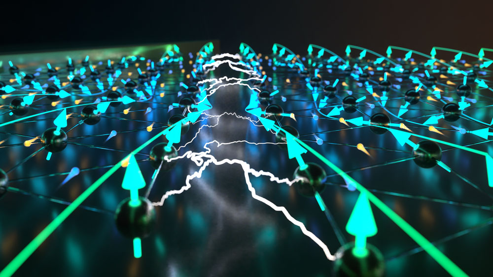 A lattice with balls representing electrons. They have arrows attached showing magnetism, with electricity in between.
