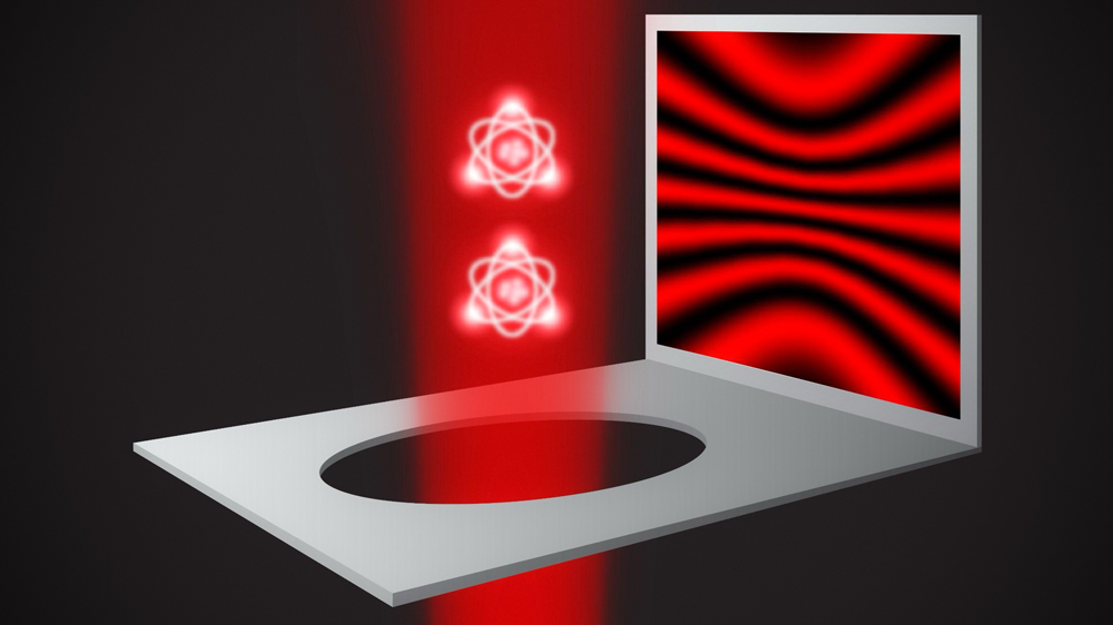 2 atom icons in red laser beam going through a hole