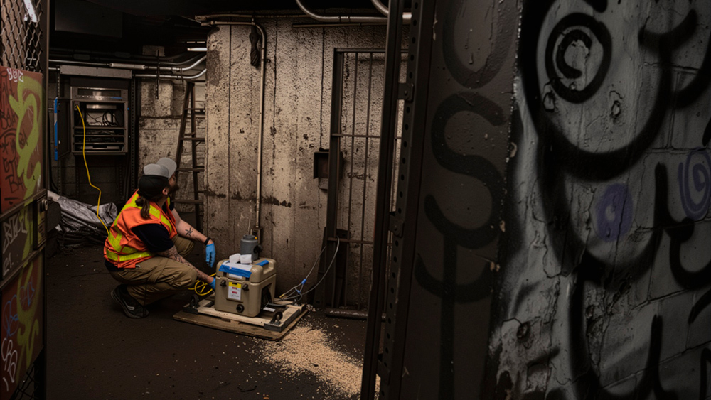 maintenance worker inside underground subway