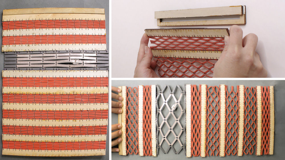 3 views of a curtain-style material retracted and expanded