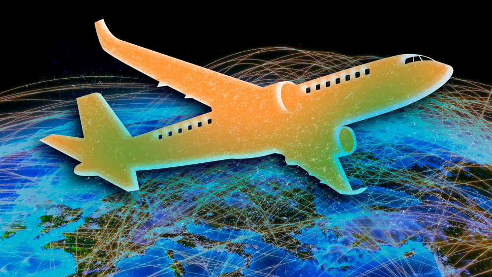 Plane over earth, with glowing flight paths