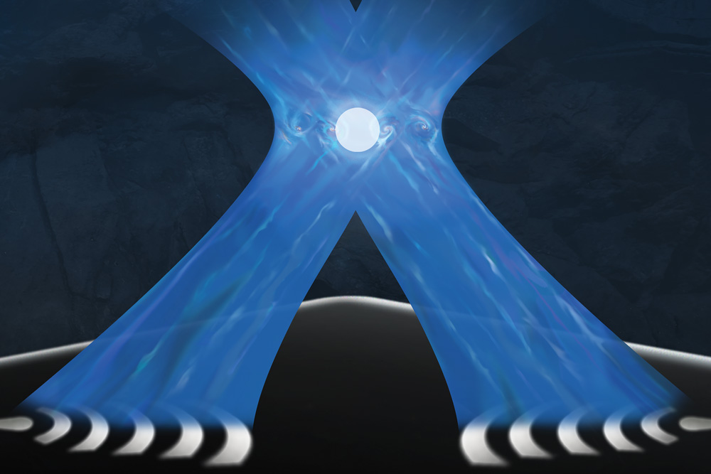 2 blue laser beams intersect where an ion is trapped