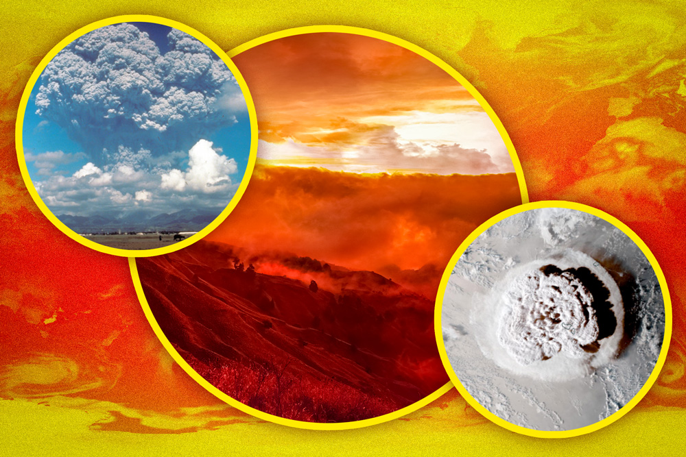 3 images of volcanic eruptions and wildfires 