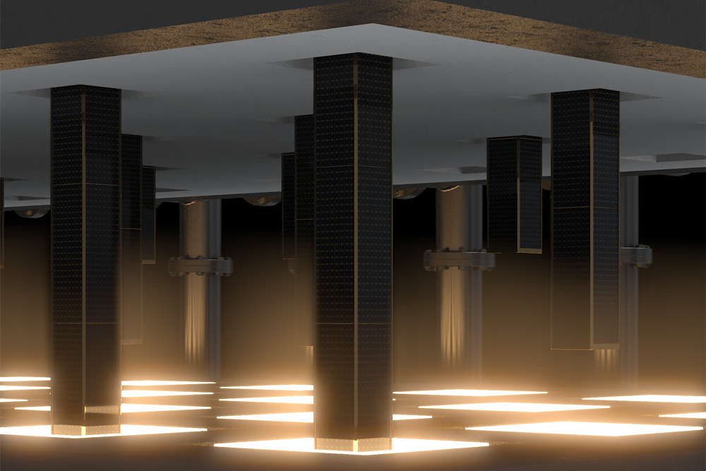 rectangular thermal batteries in between 2 slabs, and lit up on one side