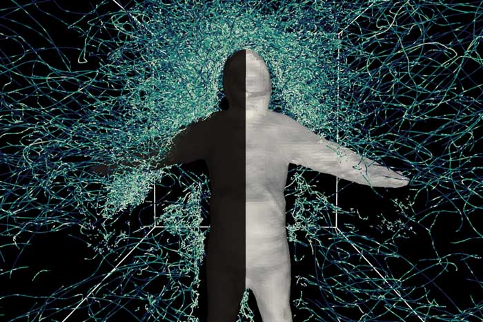 Figure is colored half-white and half-black with thousands of mosquito trajectories buzzing around