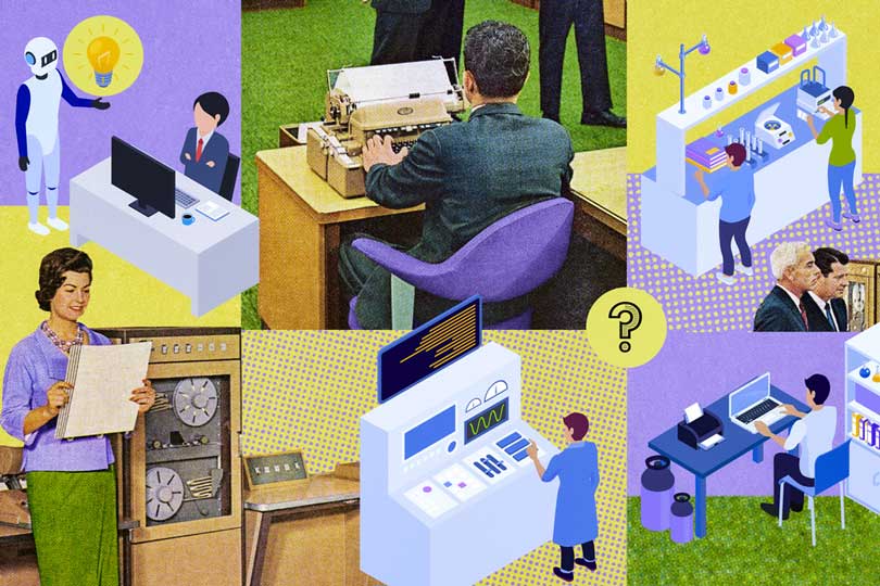 collage of vintage and modern workers