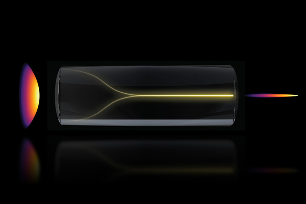 laser light focused in a "pencil beam"