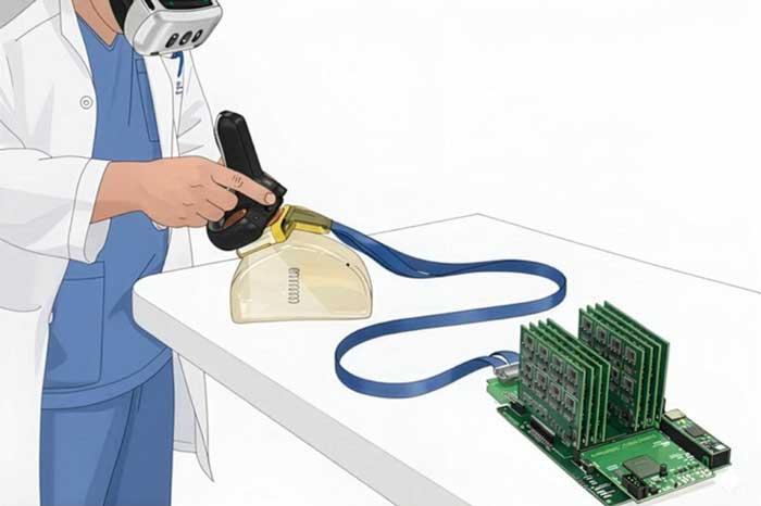 Person uses device to scan a lump of material, seeing elements inside