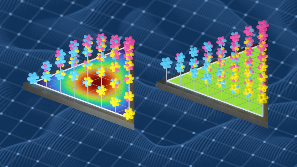 Two sets of molecules are arranged on triangles. One labeled “random sampling” is more rainbow and disorganized while the other “motif-based sampling” is more green and organized.