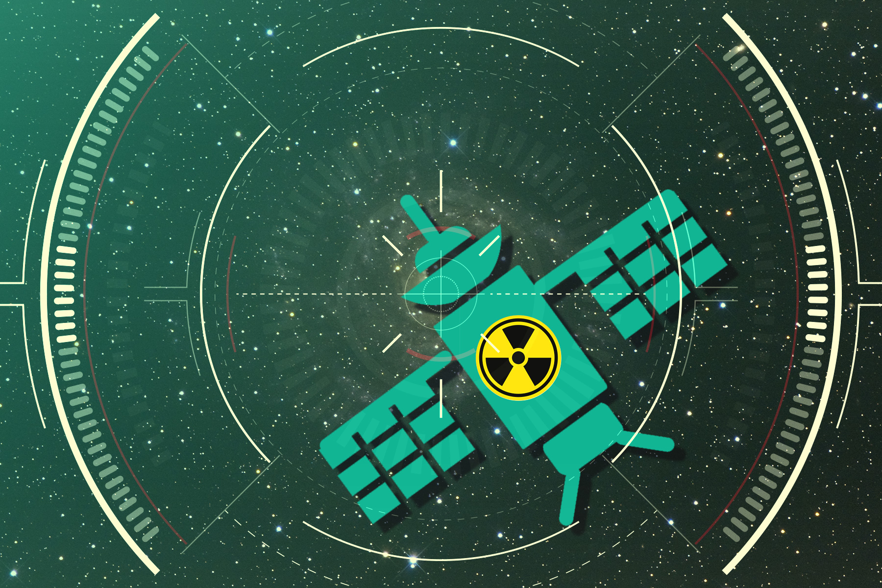 Targeted satellite emblazoned with a nuclear symbol