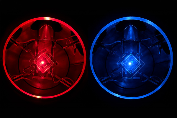Electrically excited quantum dots emitting red and blue light