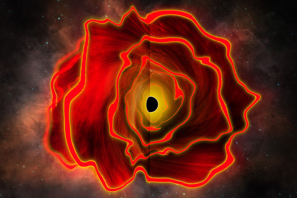 a black hole (black sphere) surrounded by glowing red gases