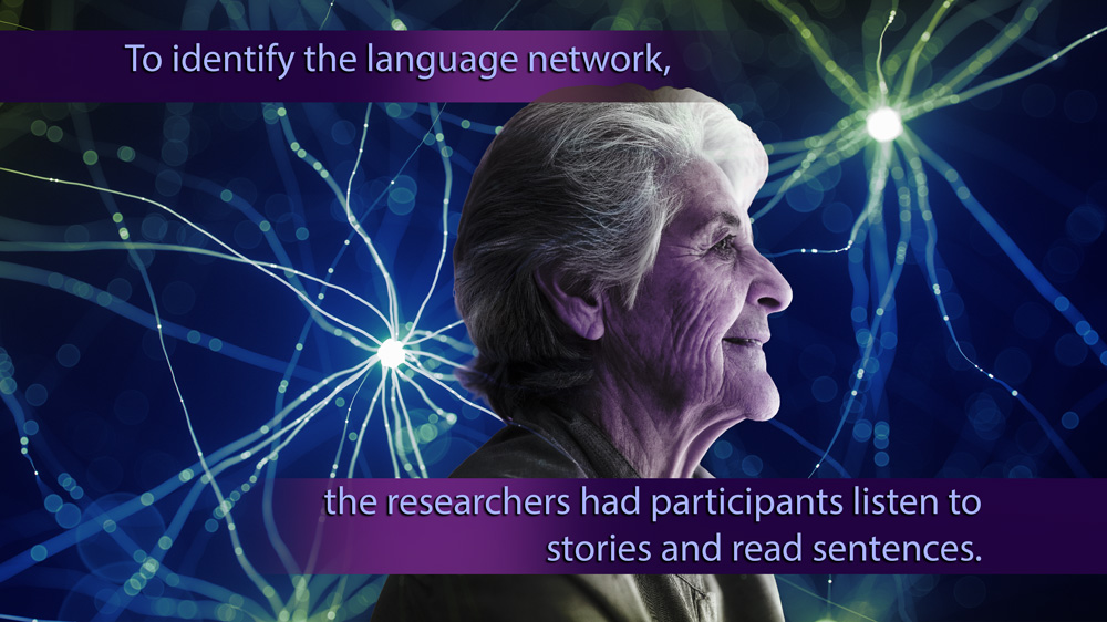 elderly woman with the text " to identify the language network, researchers had participants listen to stories and read sentences