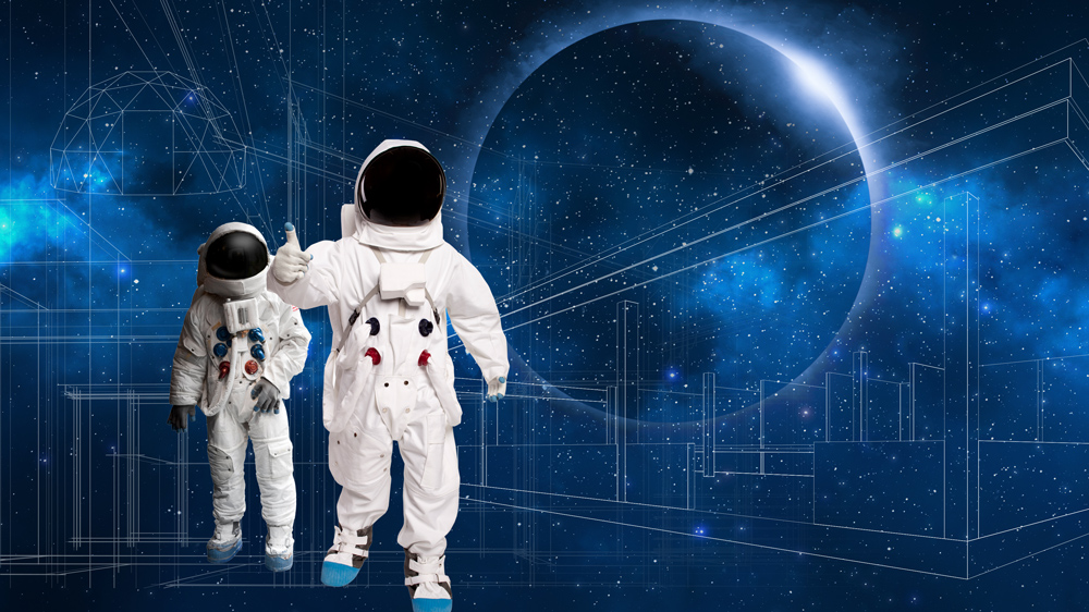 Astronauts in blueprint-style room in space
