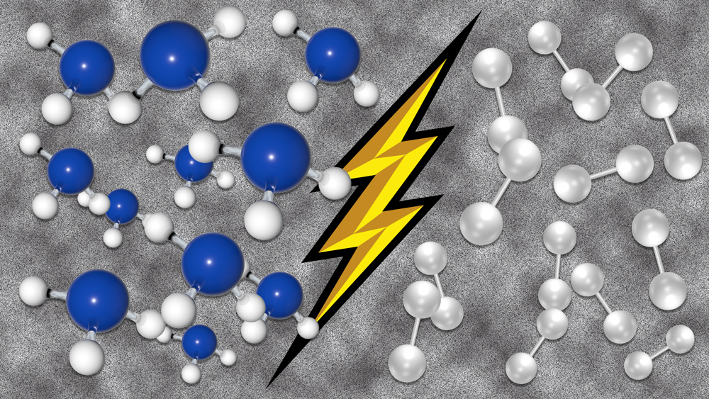 aluminum atoms and hydrogen atoms divided by a bolt of electricity