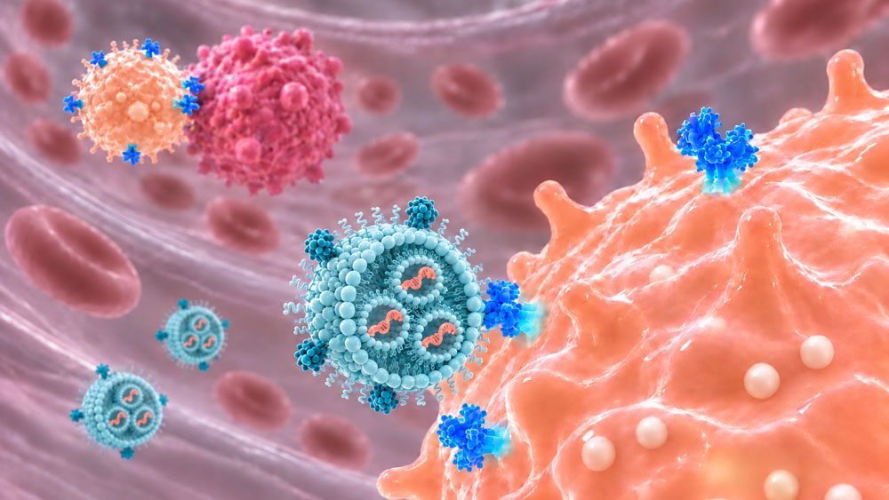 A tiny wheel-like nanoparticle delivers bits onto a large pink cell.