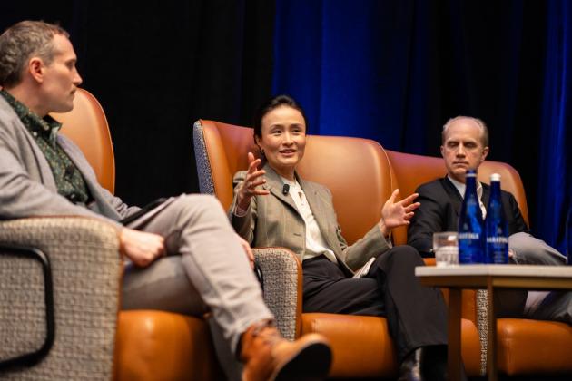 During a panel at the 2025 MIT Energy Conference, Lucia Tian (center), head of clean energy and decarbonization technologies at Google, discusses the challenges and opportunities that AI and rapid electrification bring to electricity demand.