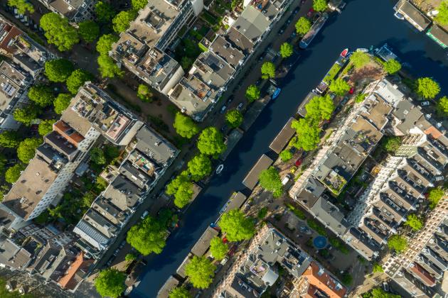Research reveals a strong disparity in the amount of heat-mitigating tree cover within nine cities across the globe, with wealthy neighborhoods benefitting from shade the most. Amsterdam, pictured here, has a distinct pattern of less shade in lower-income areas.