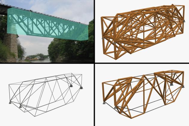 On top left is the Lockport truss bridge passing over the Erie Canal near Buffalo, New York. Researchers mimicked this structure, highlighted in teal blue, and created multiple timber-only designs (top left), steel-only designs (bottom left), and timber-steel designs.