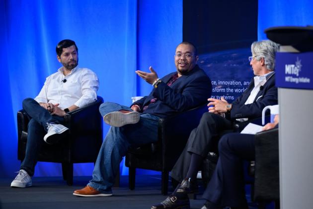 At Energizing@MIT: the MIT Energy Initiative’s annual research conference, a panel examined the use cases of long-duration energy storage and the key technologies addressing this need. From left to right, they are Nestor Sepulveda, Google; Asegun Henry, MIT; and Manlio Coviello, Energy Dome Latam. 