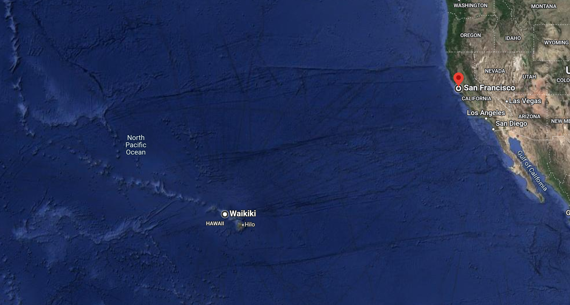 A map showing markers for San Francisco and Waikiki.