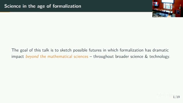 Blumberg's title slide: "Science in the age of formalization" — the goal is to sketch futures where formalization impacts science beyond the mathematical sciences.