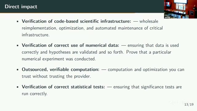 Blumberg's "Direct impact" slide: verification of code-based scientific infrastructure, verification of correct use of numerical data, outsourced verifiable computation, and verification of correct statistical tests.