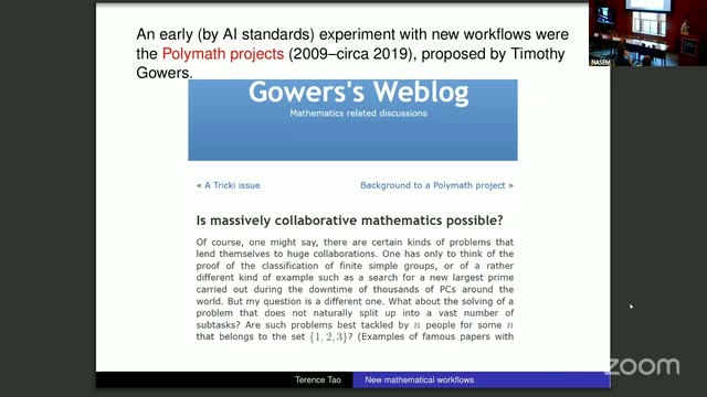 Tao's slide crediting Timothy Gowers and Gowers's Weblog (2009–circa 2019) as the origin of the Polymath projects.