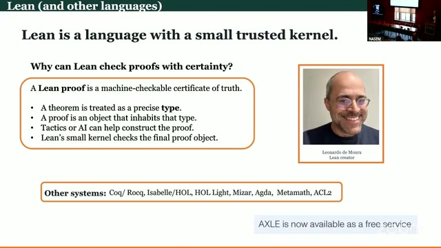 Ono's Lean slide, with a photo of "Leonardo de Moura, Lean creator."