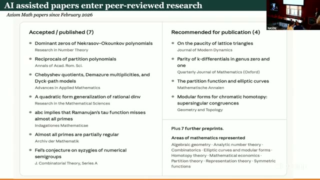 Ono's "AI assisted papers enter peer-reviewed research" slide: the 7 accepted/published plus 4 recommended plus 7 preprints that total his "18 papers," including the Mathematische Annalen and Quarterly Journal of Mathematics placements.