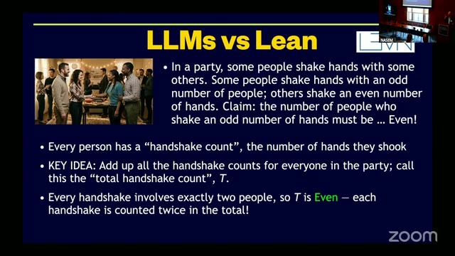 The non-technical framing slide: the party, the handshake counts, and the claim.