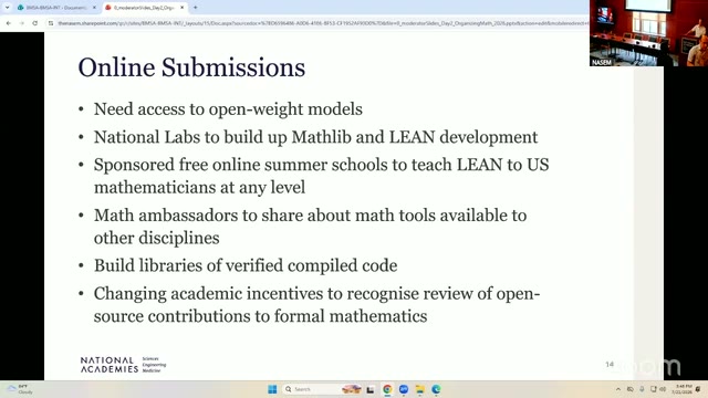 The "Online Submissions" report-out slide, confirming the six Slido-submitted ideas Pat read out. The institute names — ICARM, ICERM, SLMath, AIM, IAS — were Pat's spoken elaboration on the "sponsored free online summer schools" bullet, not slide content.