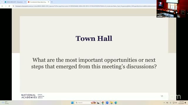 The town hall's title slide — the only slide shown through the 06:50–07:03 floor discussion below. It poses the discussion prompt; the specifics named below (FSLib, the Leiden reference) were all spoken from the floor.