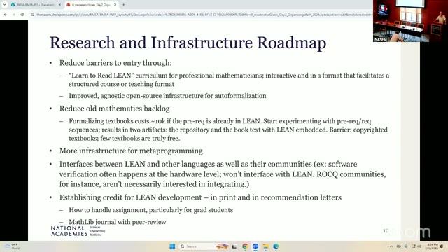 The group's actual report-out slide — "Research and Infrastructure Roadmap" — stayed on screen for the whole segment below.